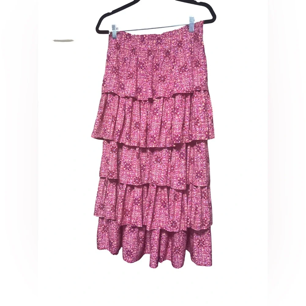 Taylor Tillman New York NWOT Floral Pink Tiered Ruffle Midi Skirt Size Large - Picture 4 of 9